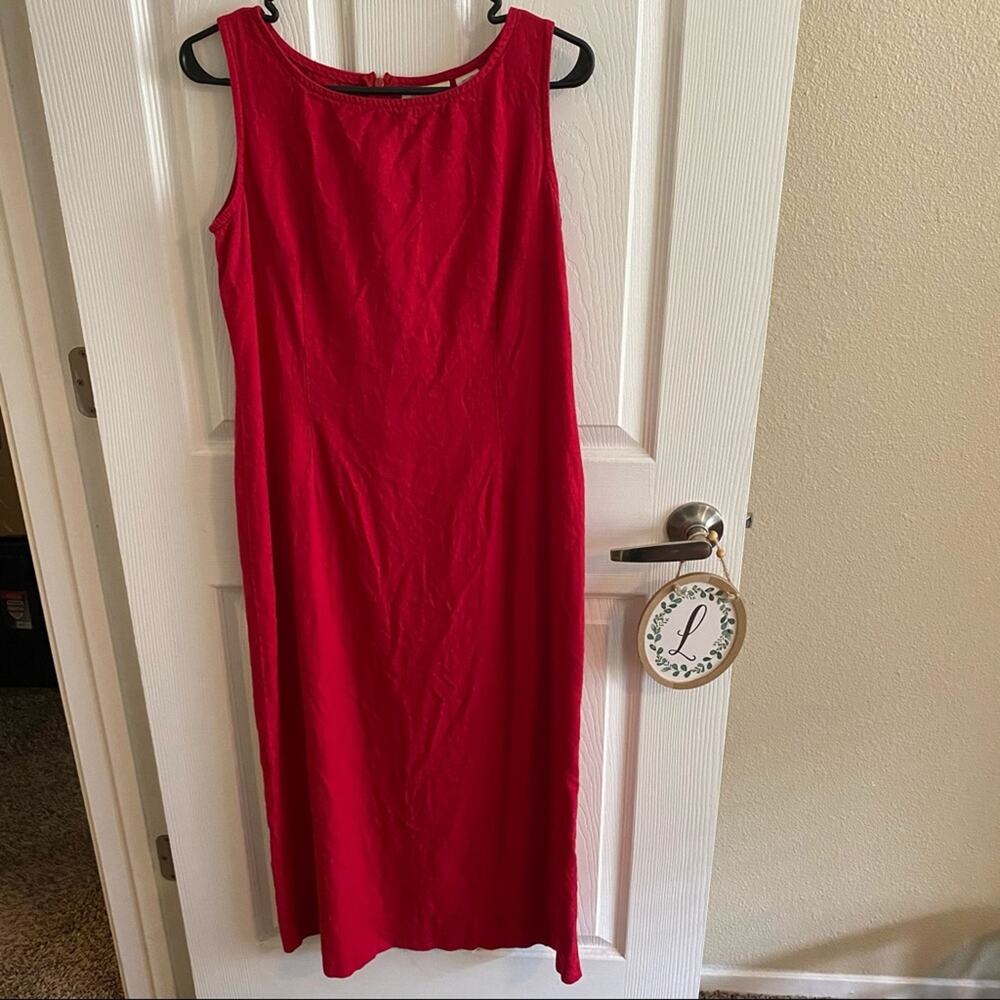 Mosaic Linen Blend Red Summer Midi Dress Size 10 Sleeveless Modest Neckline